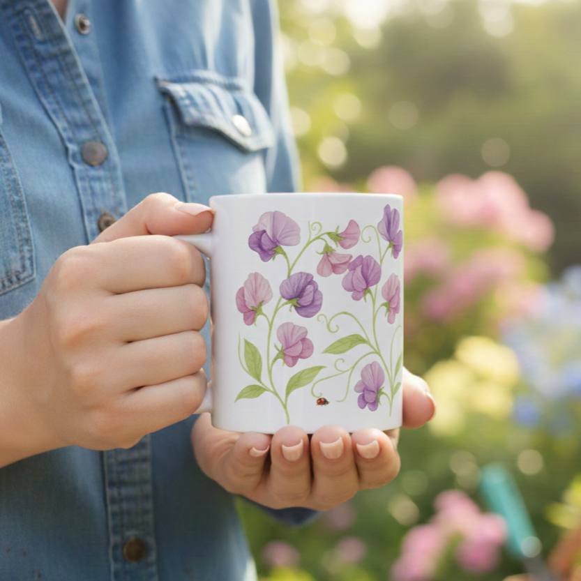 Person holding a mug with floral design in a garden setting