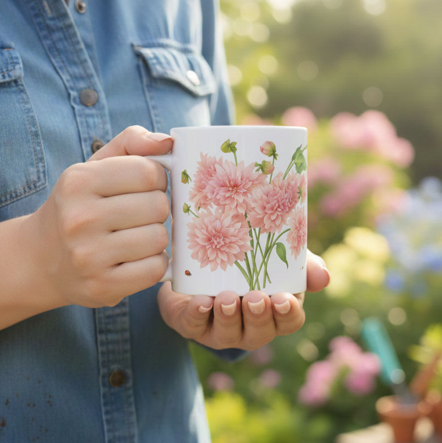 Dahlia Flower Ceramic Mug in the hand of a gardener