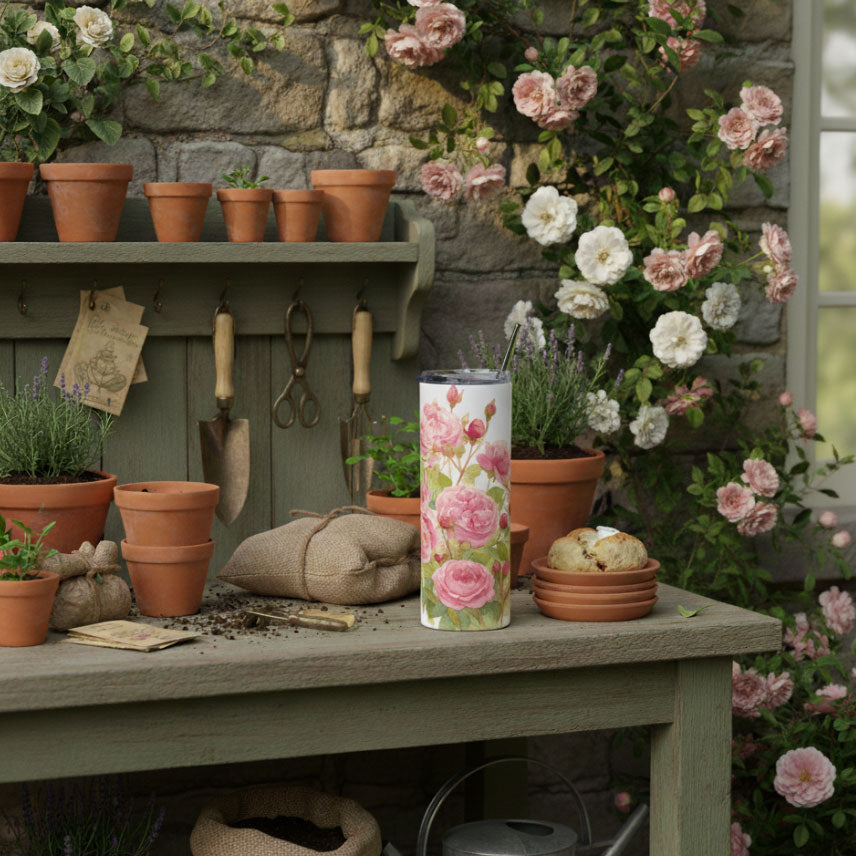 English Garden Roses Watercolor Art on tumbler in greenhouse