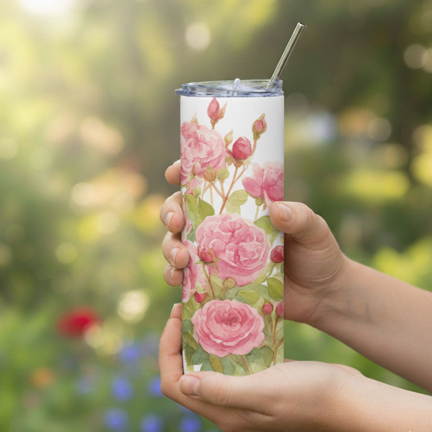 English Garden Roses Watercolor Art on tumbler with reusable straw