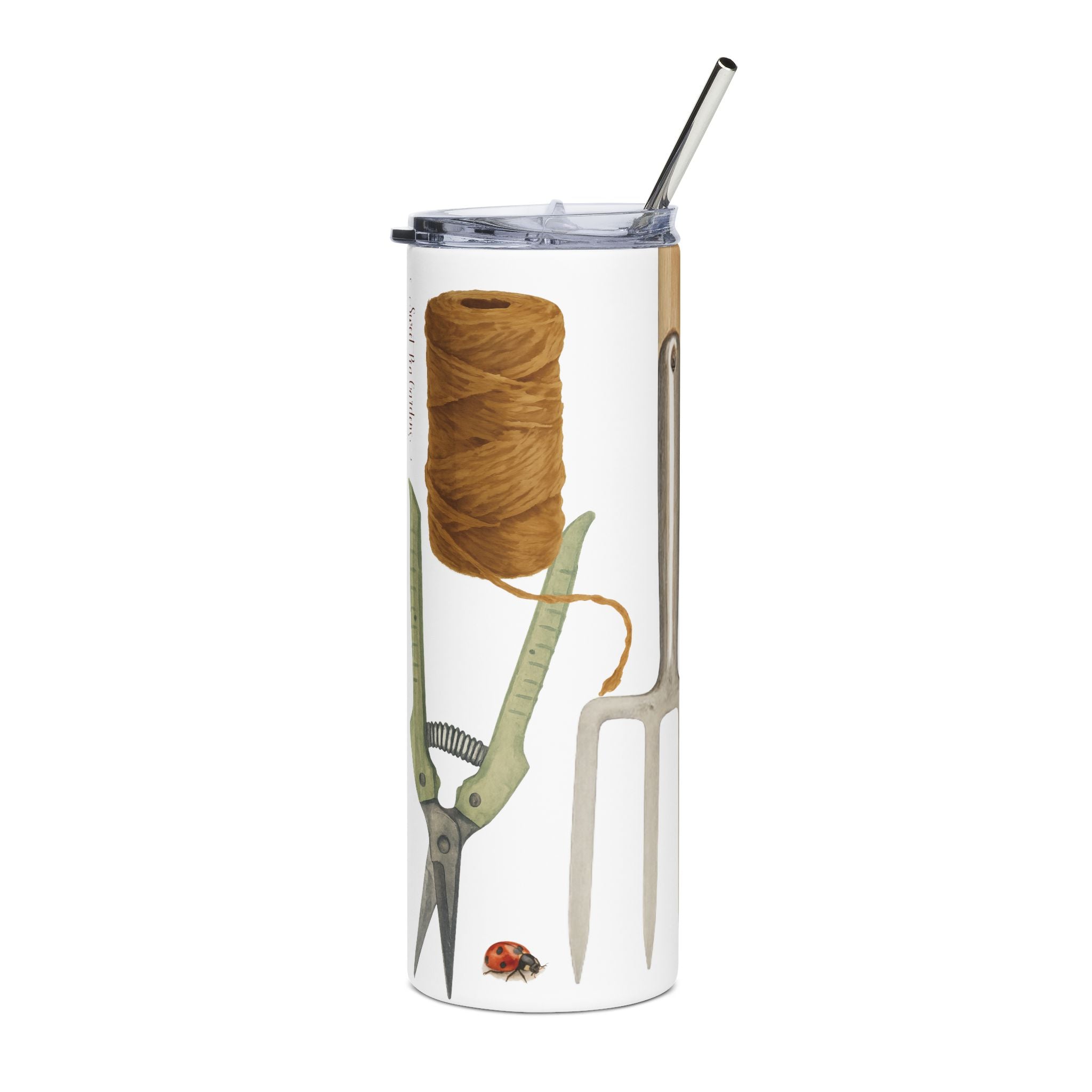 Tumbler with yarn, scissors, and ladybug design on a white background