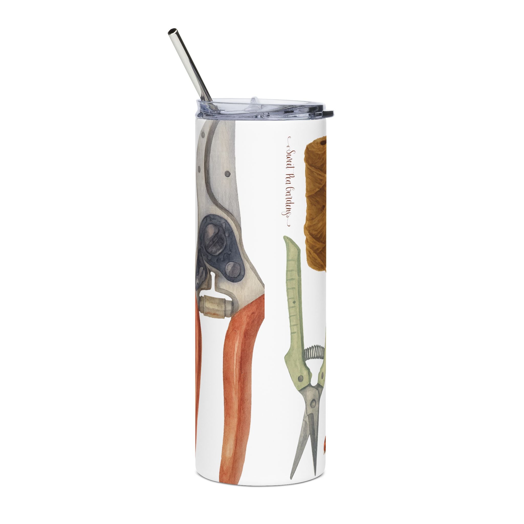 Tumbler with gardening tools design on a white background
