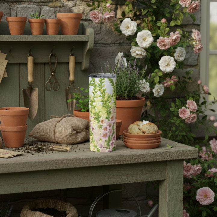 Foxglove tumbler sitting on a greenhouse bench