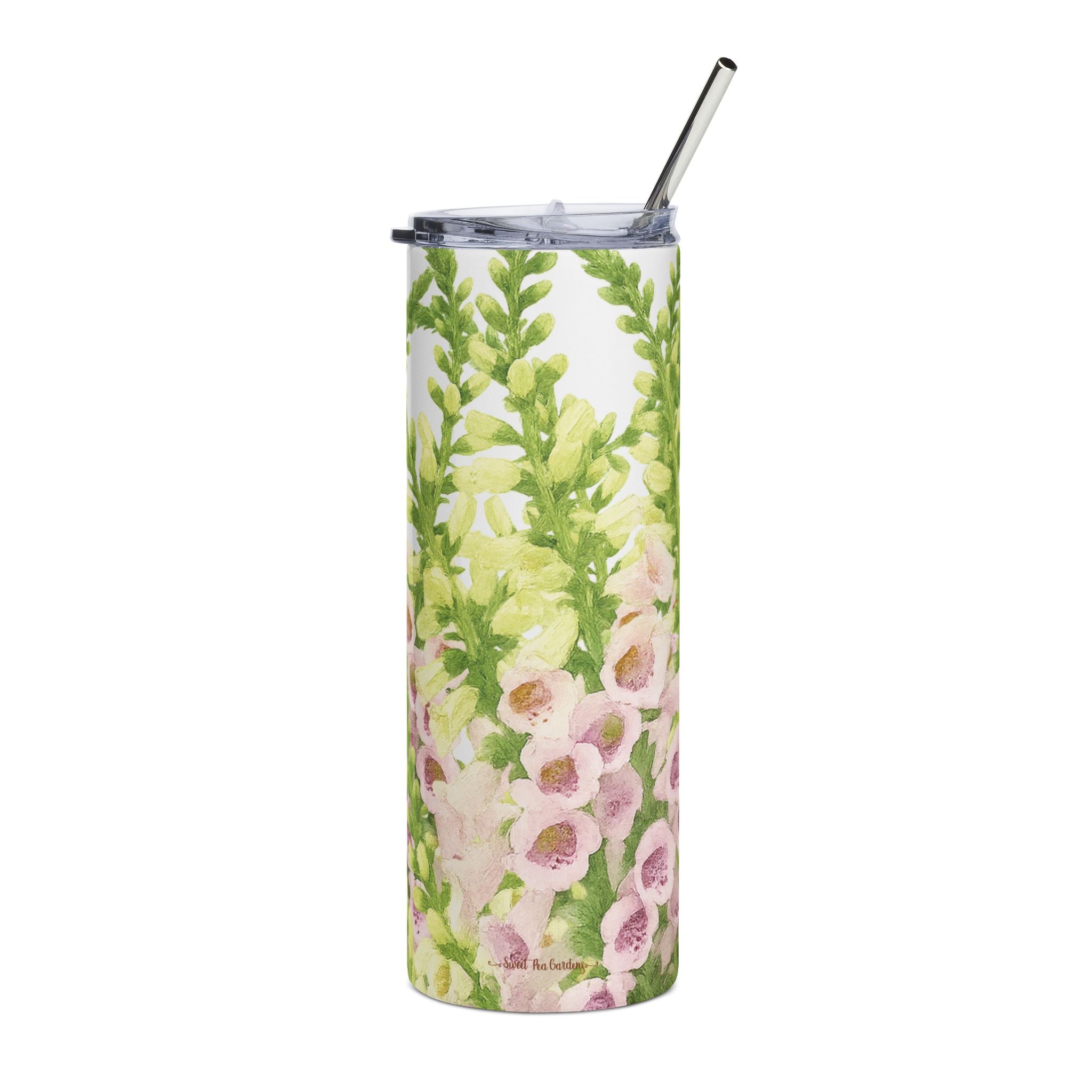 Pretty pink foxgloves on a tumbler