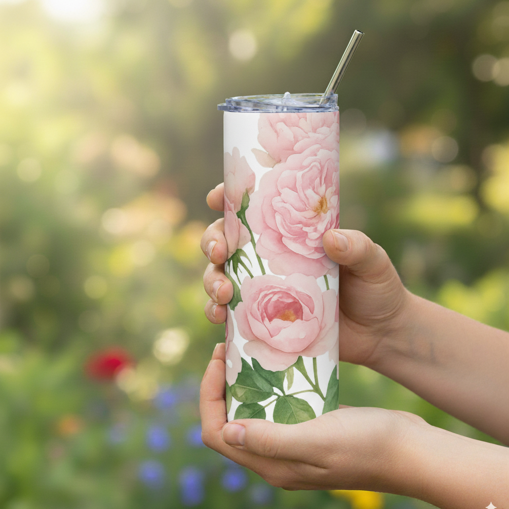Hand holding a floral-patterned tumbler with a blurred garden background