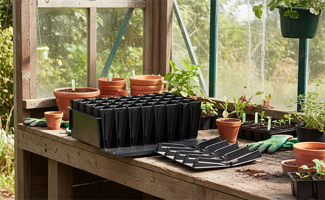 Rootrainers seed-starting tray filled with young sweet pea seedlings – reusable propagation system.