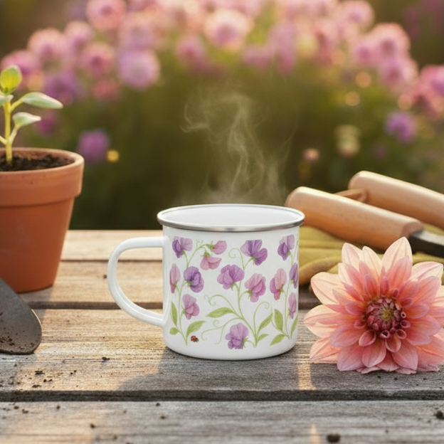 Enamel mug with sweet pea flower design on a potting bench in the garden.