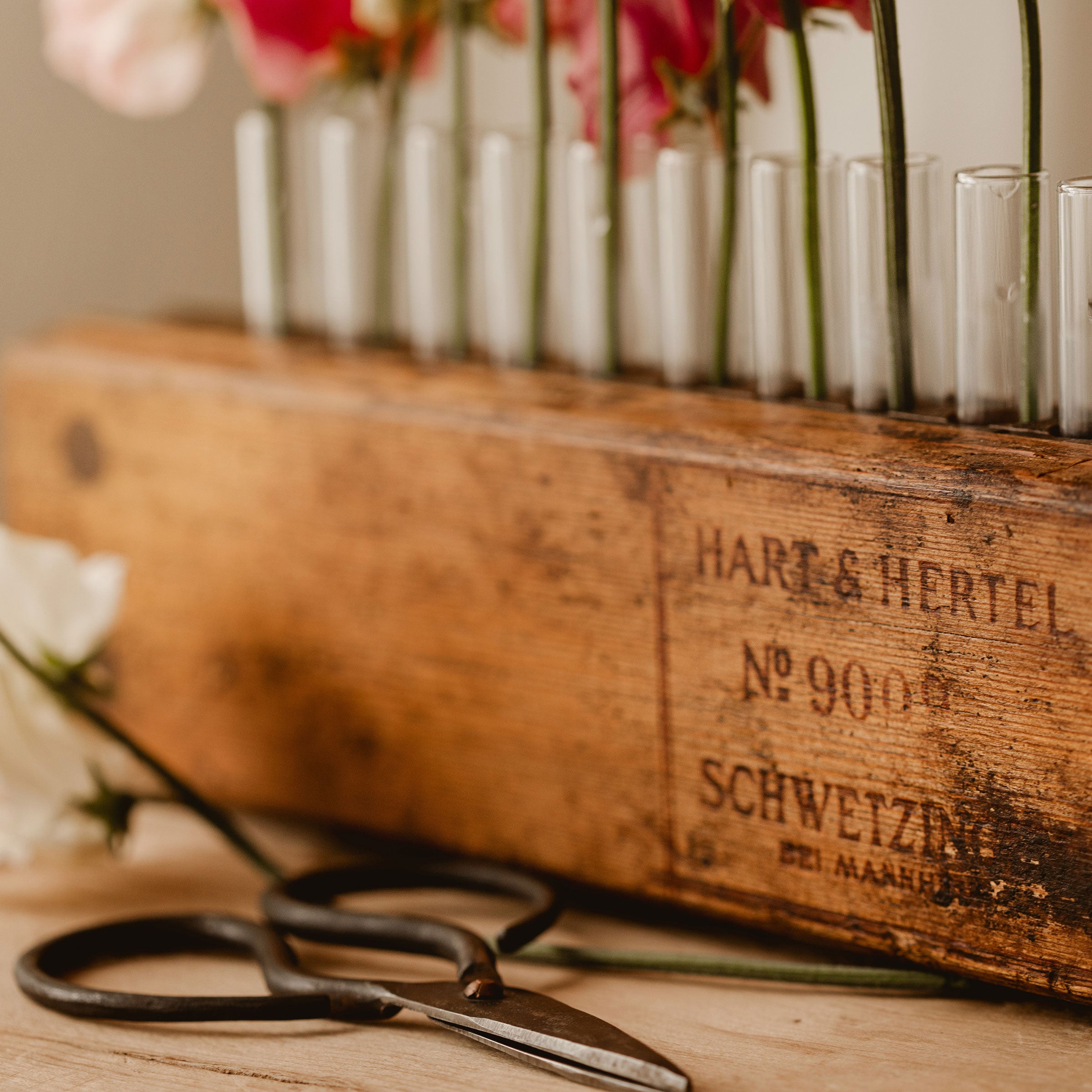 Close up of Hart and Hertel Vintage Cigar Press Vase with sweet pea flowers
