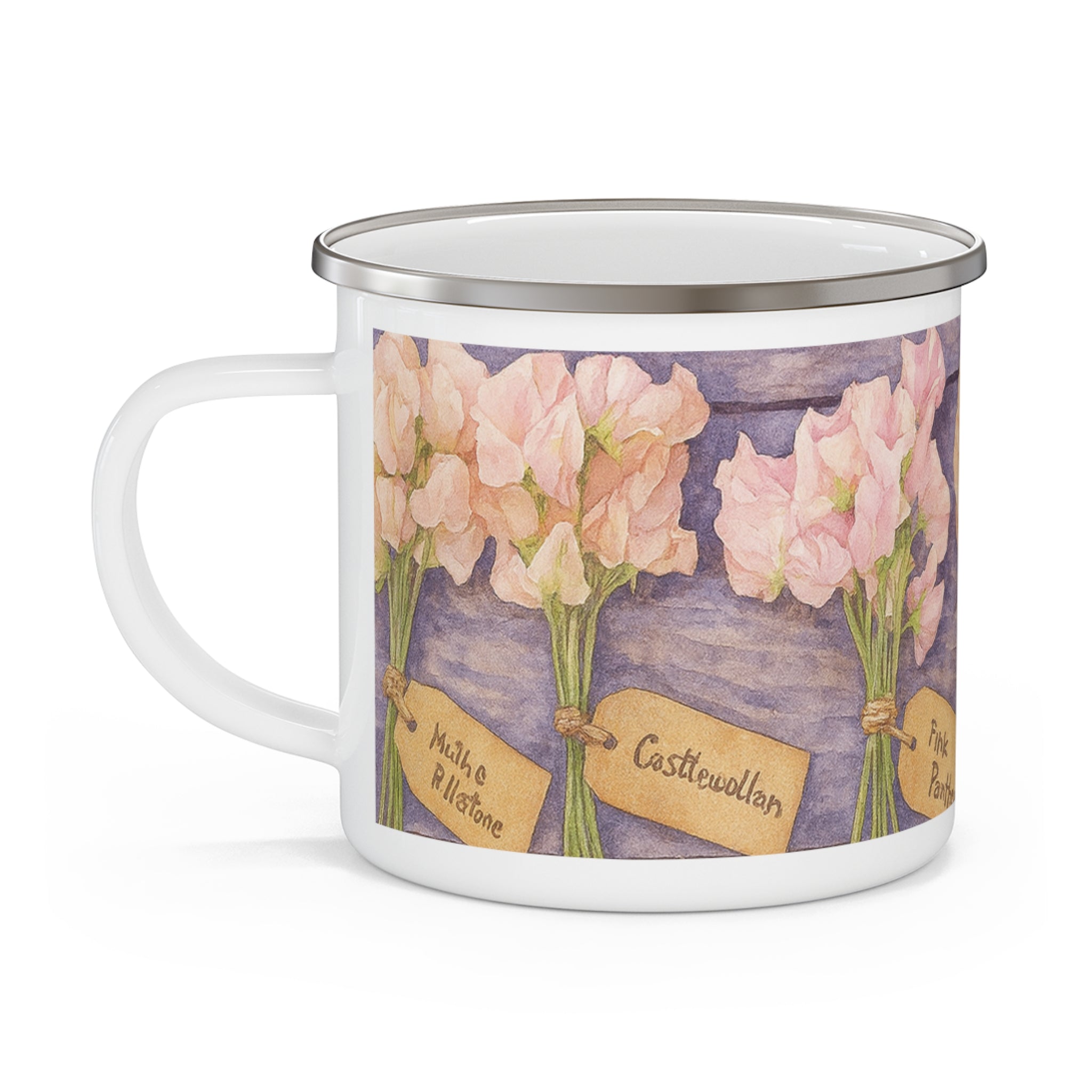 Pink Parade Sweet Peas Enamel Mug