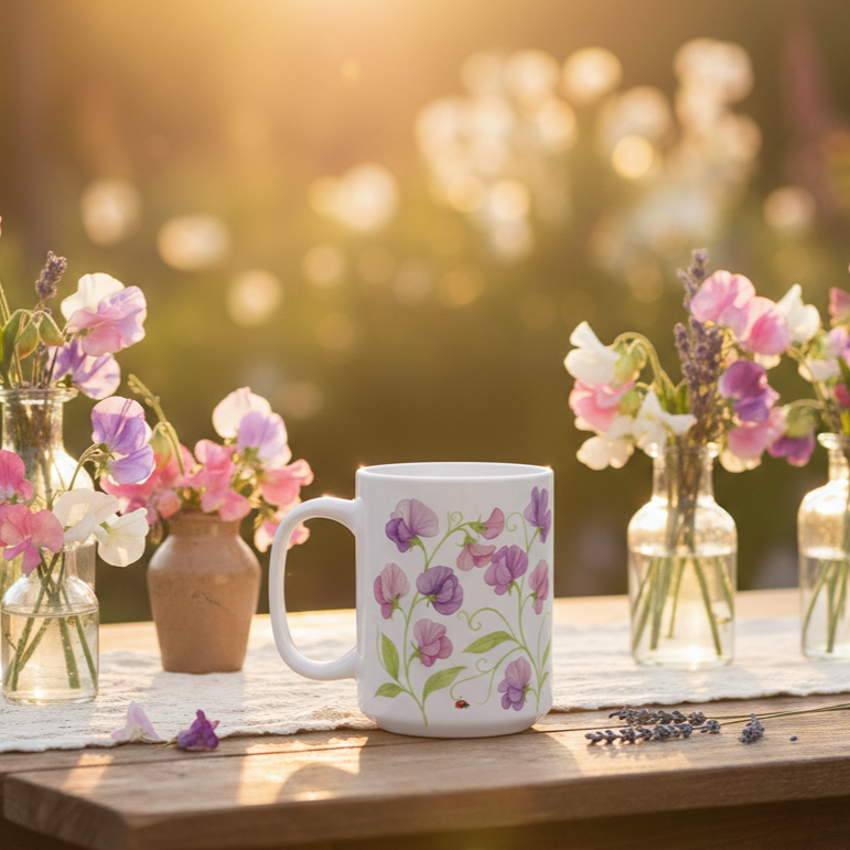 Mug with sweet pea flowers floral design on a wooden table with flowers and a sunset background