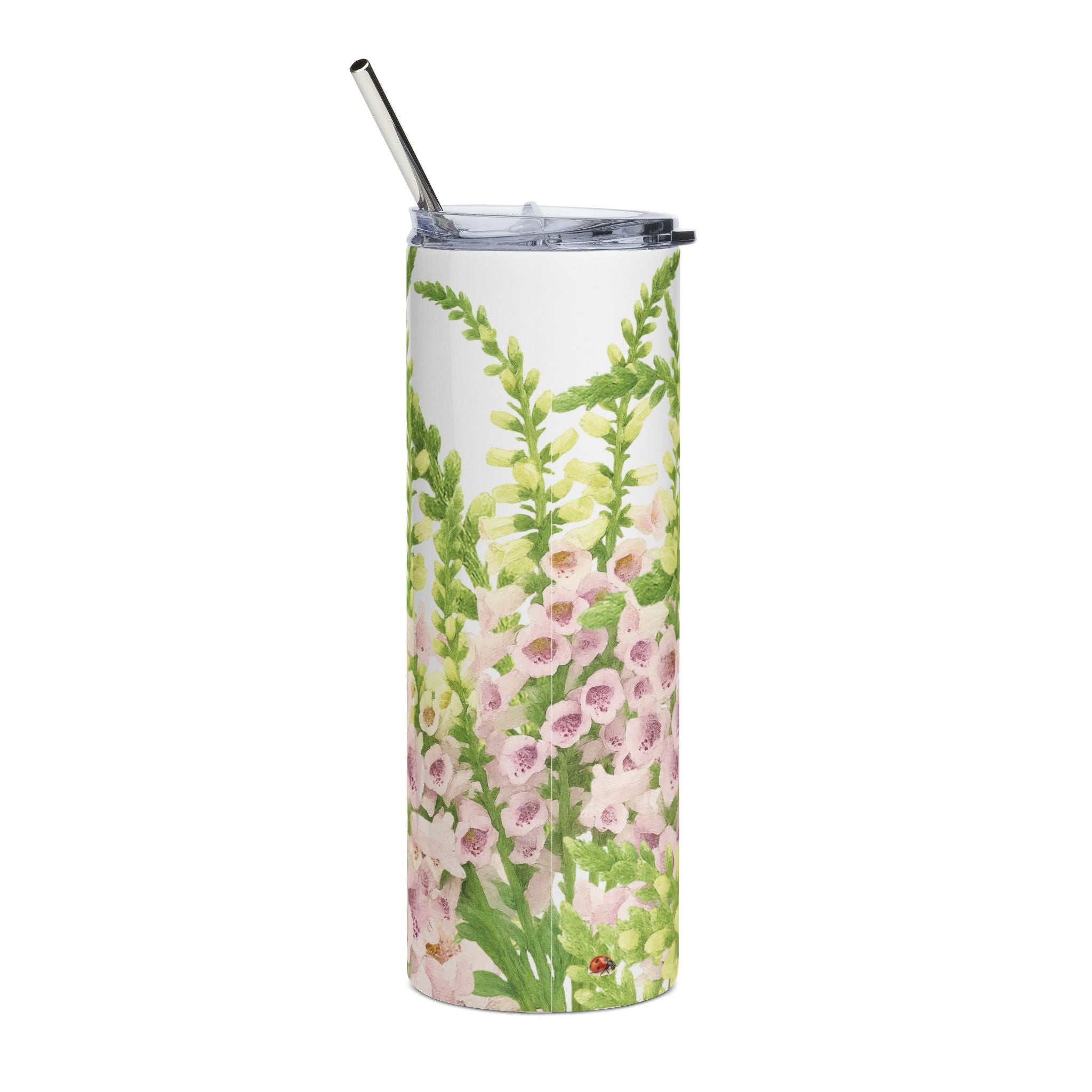 Cottage garden foxgloves on a coffee tumbler