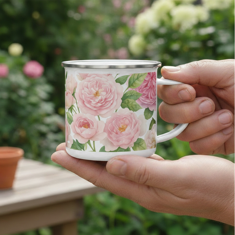 Hand holding a garden roses floral mug outdoors with plants and pots in the background