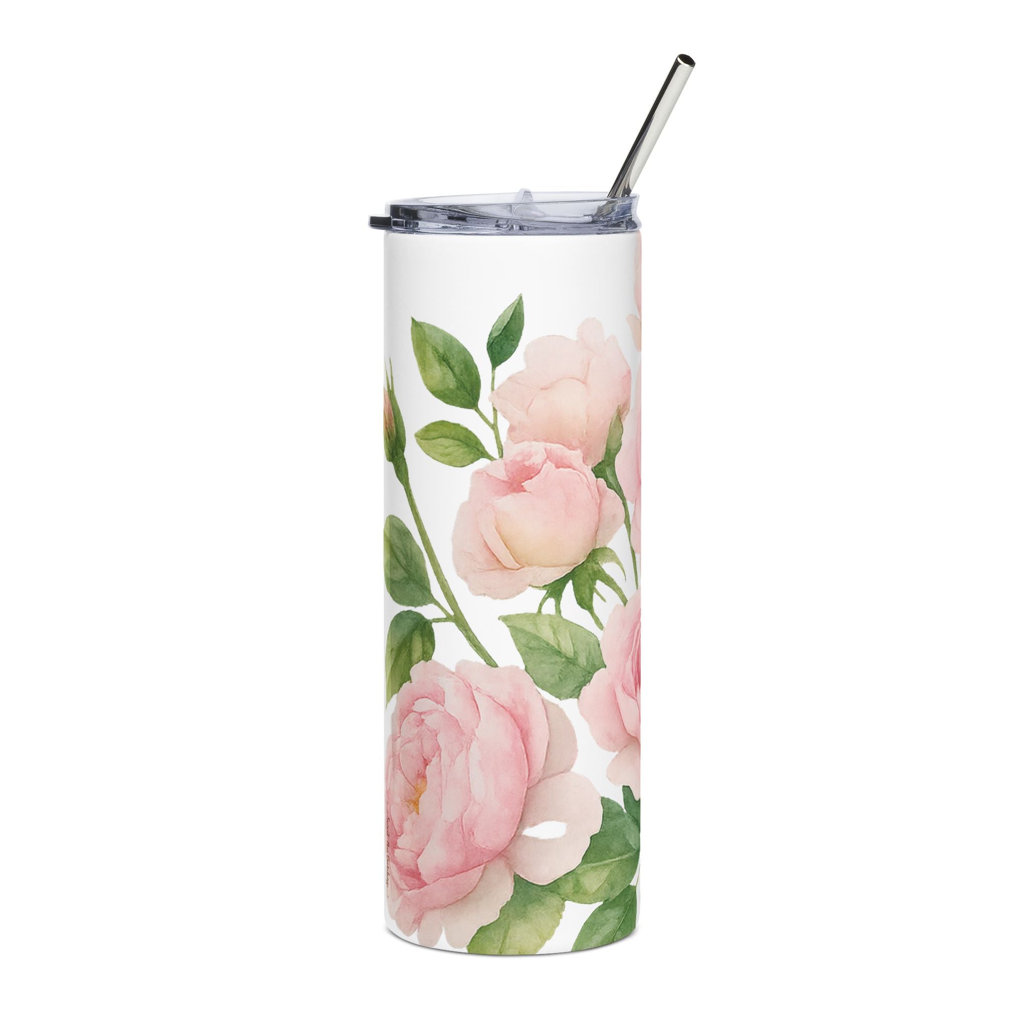 Tumbler with floral design and metal straw on a white background