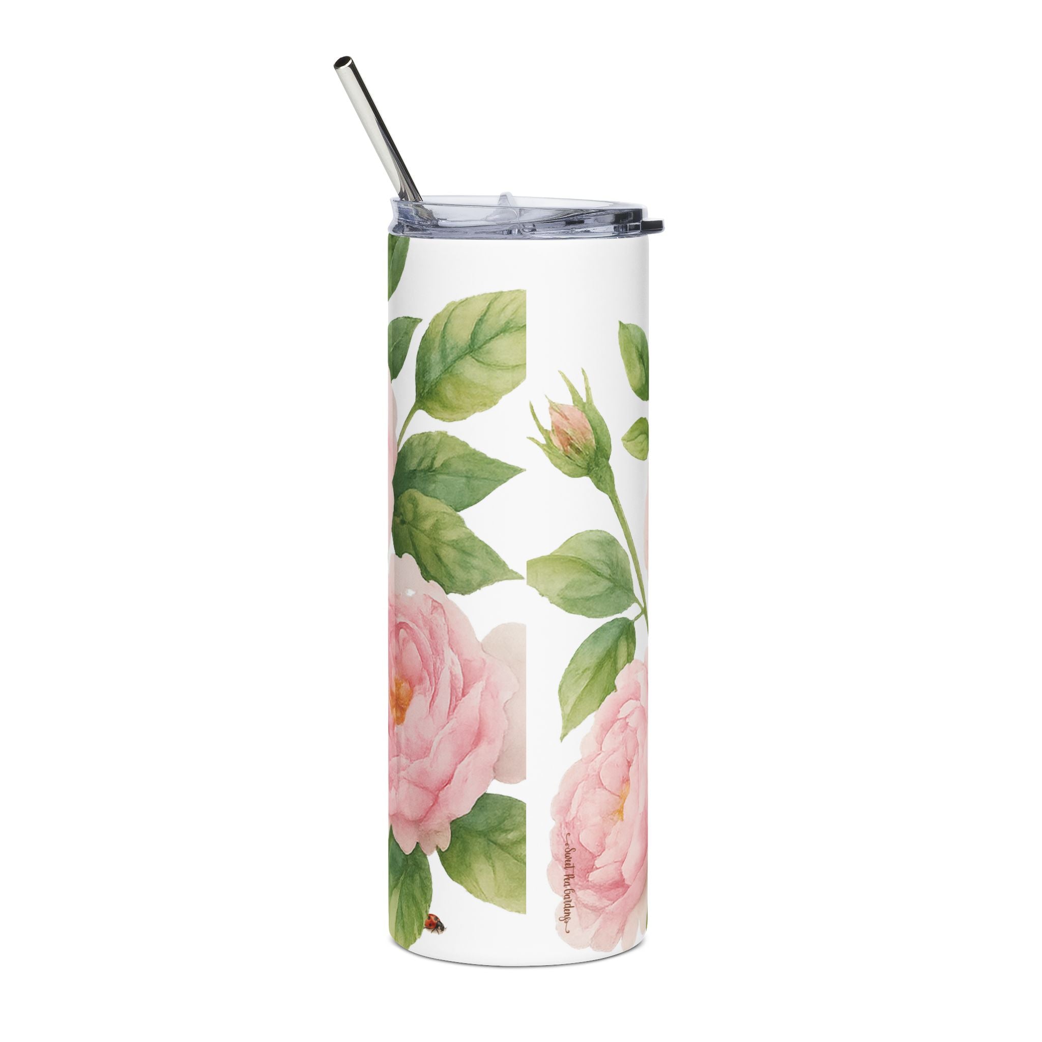Tumbler with floral design on a white background