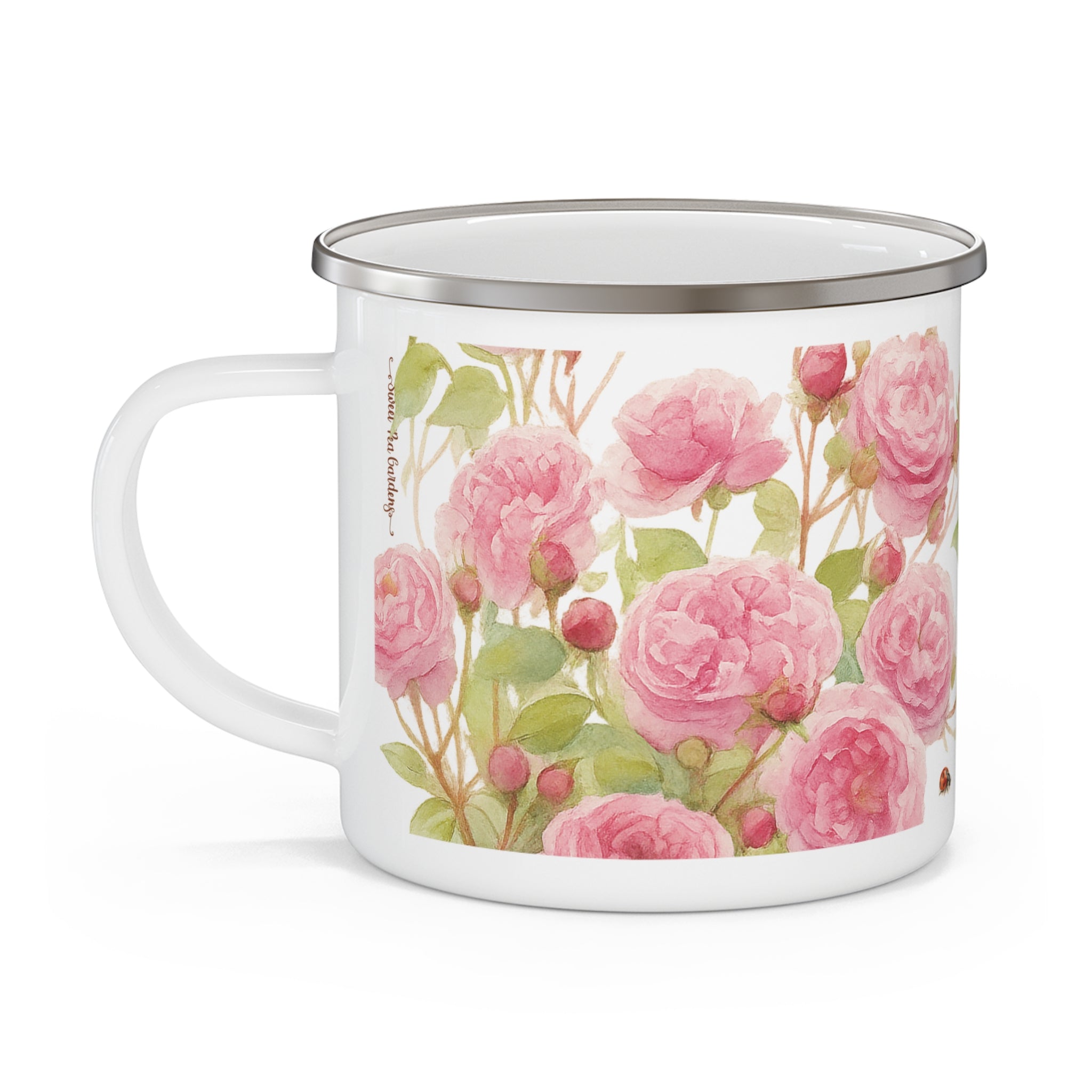 Mug with pink garden roses floral design on a white background