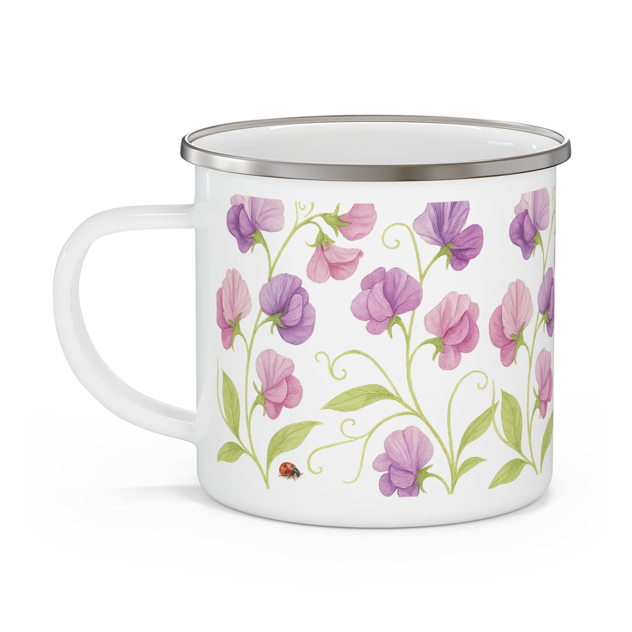 Sweet Pea Flower Design on Enamel Mug