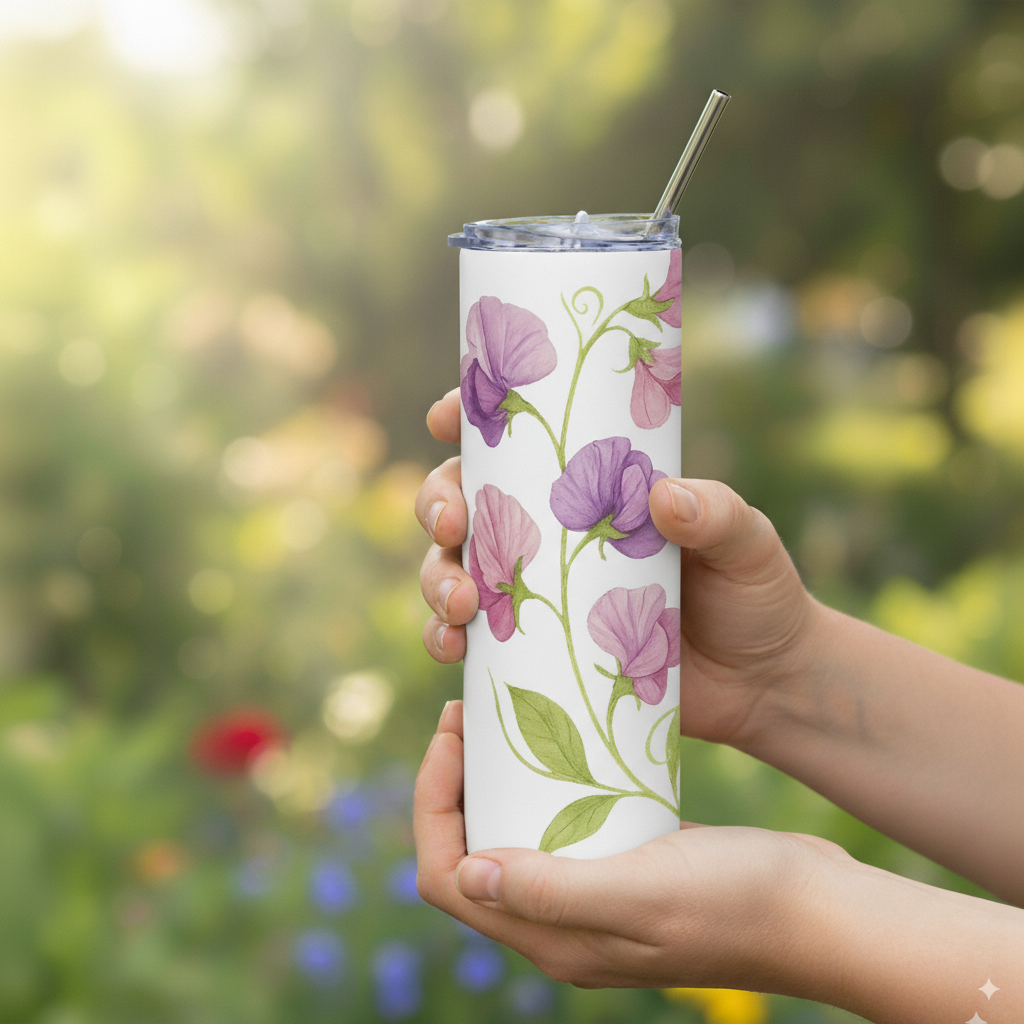 Person holding a tumbler with floral design outdoors