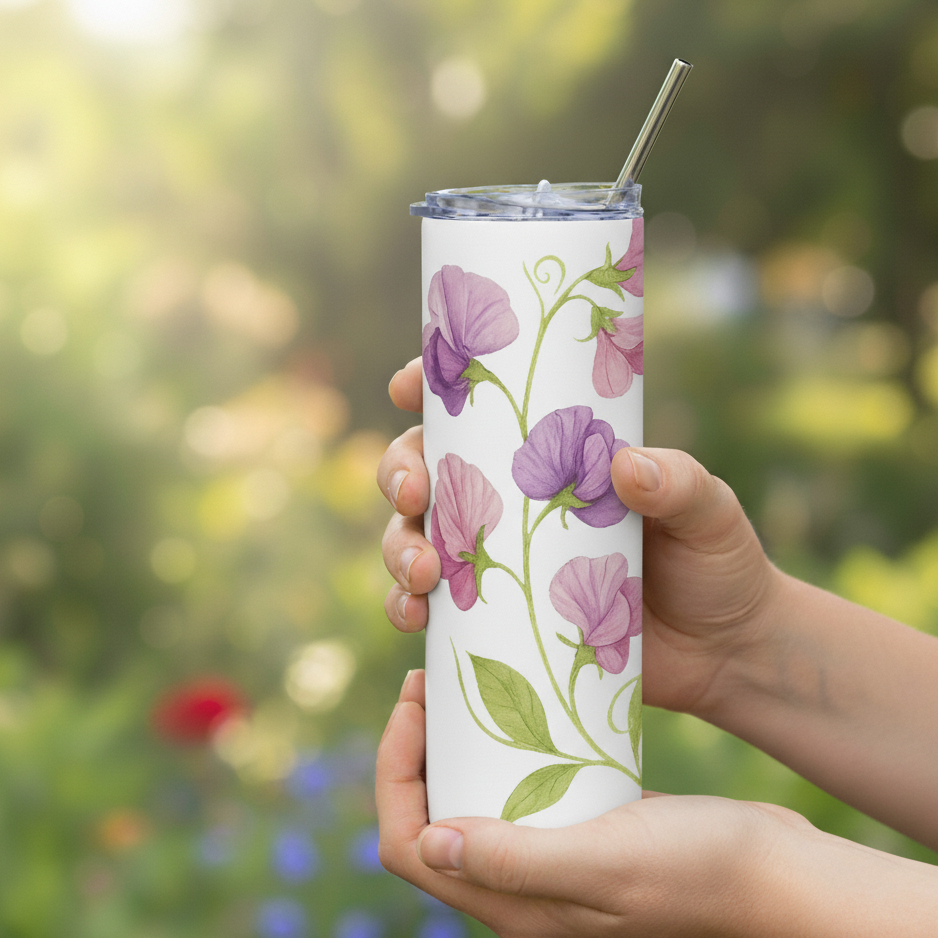 Person holding a tumbler with floral design outdoors